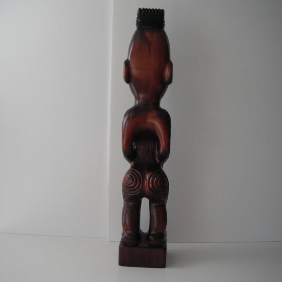 Vintage New Zealand Maori 19" Hand Carved Wood Teko Tiki Totem Statue Shell Eyes - Picture 4 of 8